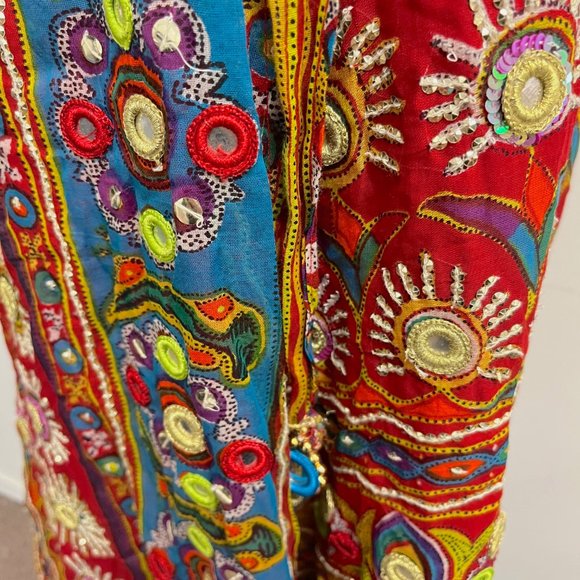 Soft Surroundings bohemian wrap maxi skirt beaded mirrors red gold L India - Picture 6 of 8